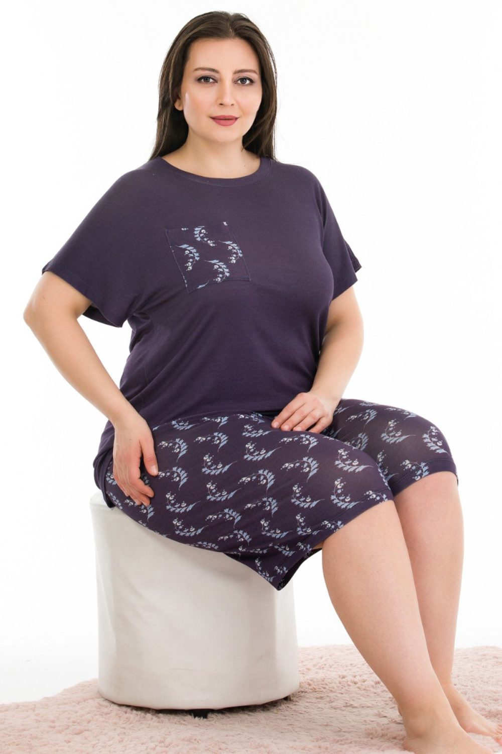 Lady Büyük Beden Desenli Bisiklet Yaka Cepli Kısa Kol Şortlu Pijama Takımı 10386 - Görsel 2