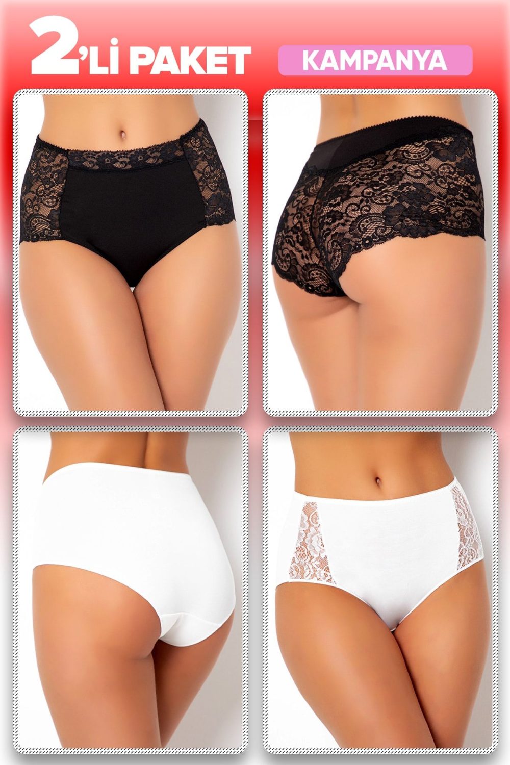 2 li Mk Claws Yüksel Bel Tül Detaylı ve Beyaz Dantelli Külot Box 910-911
