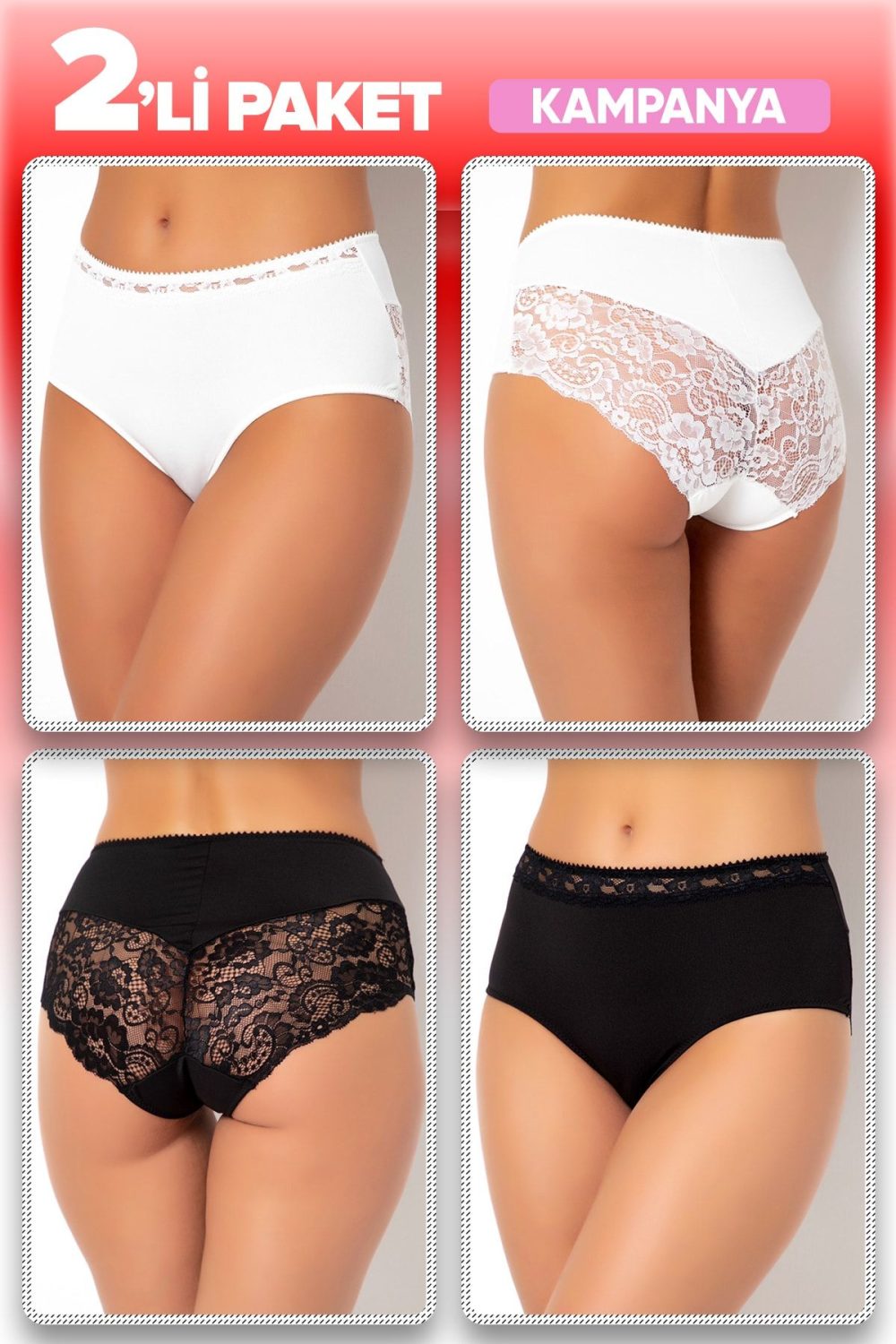 2 li Mk Claws Yüksel Bel Tül Detaylı ve Dantelli Külot Box 909-909
