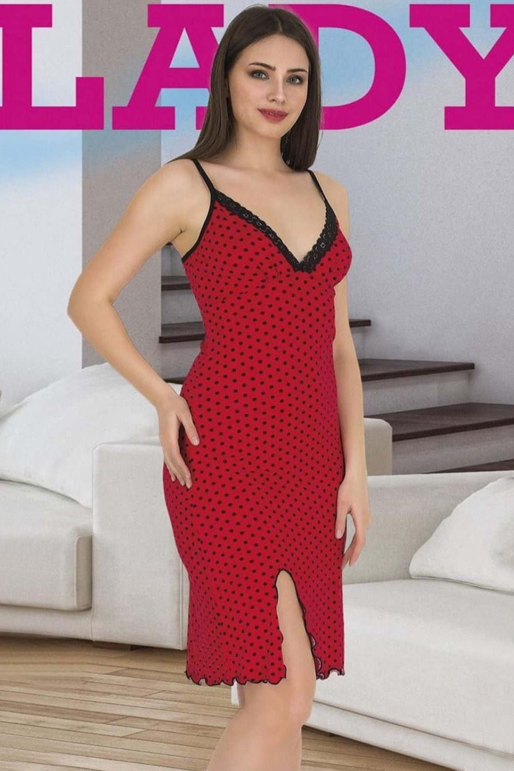 Pamuklu Lady Askılı Kırmızı Puantiyeli Gecelik Elbise 6362