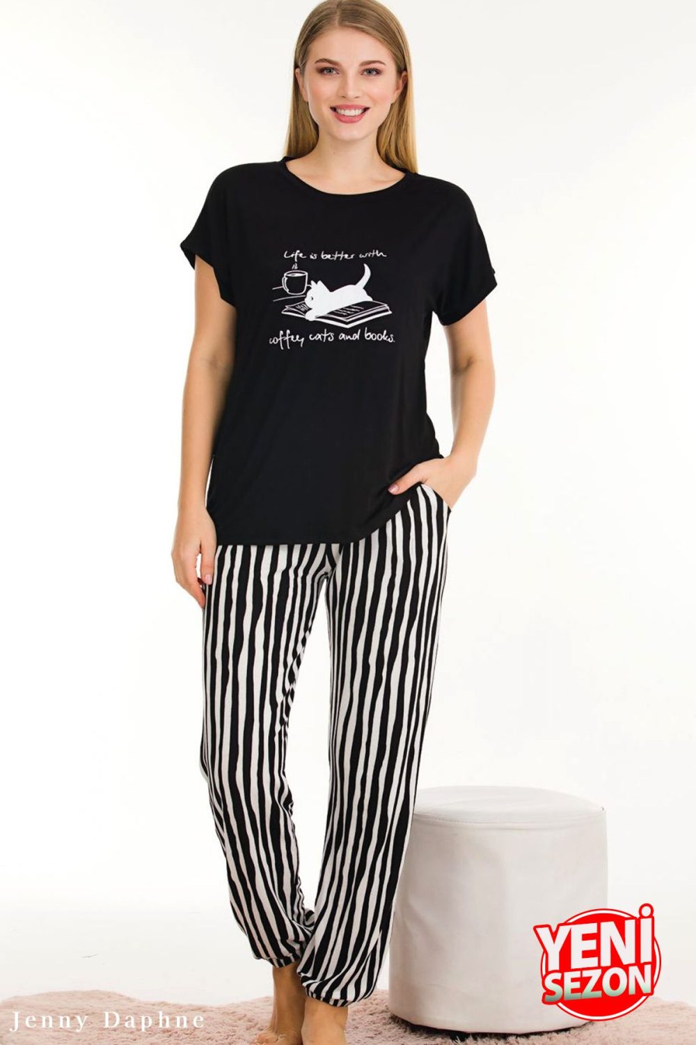 Viskon kumaş lady çizgi desenli normal beden bisiklet yaka kısa kol tişört pijama takımı 12560 - Görsel 2