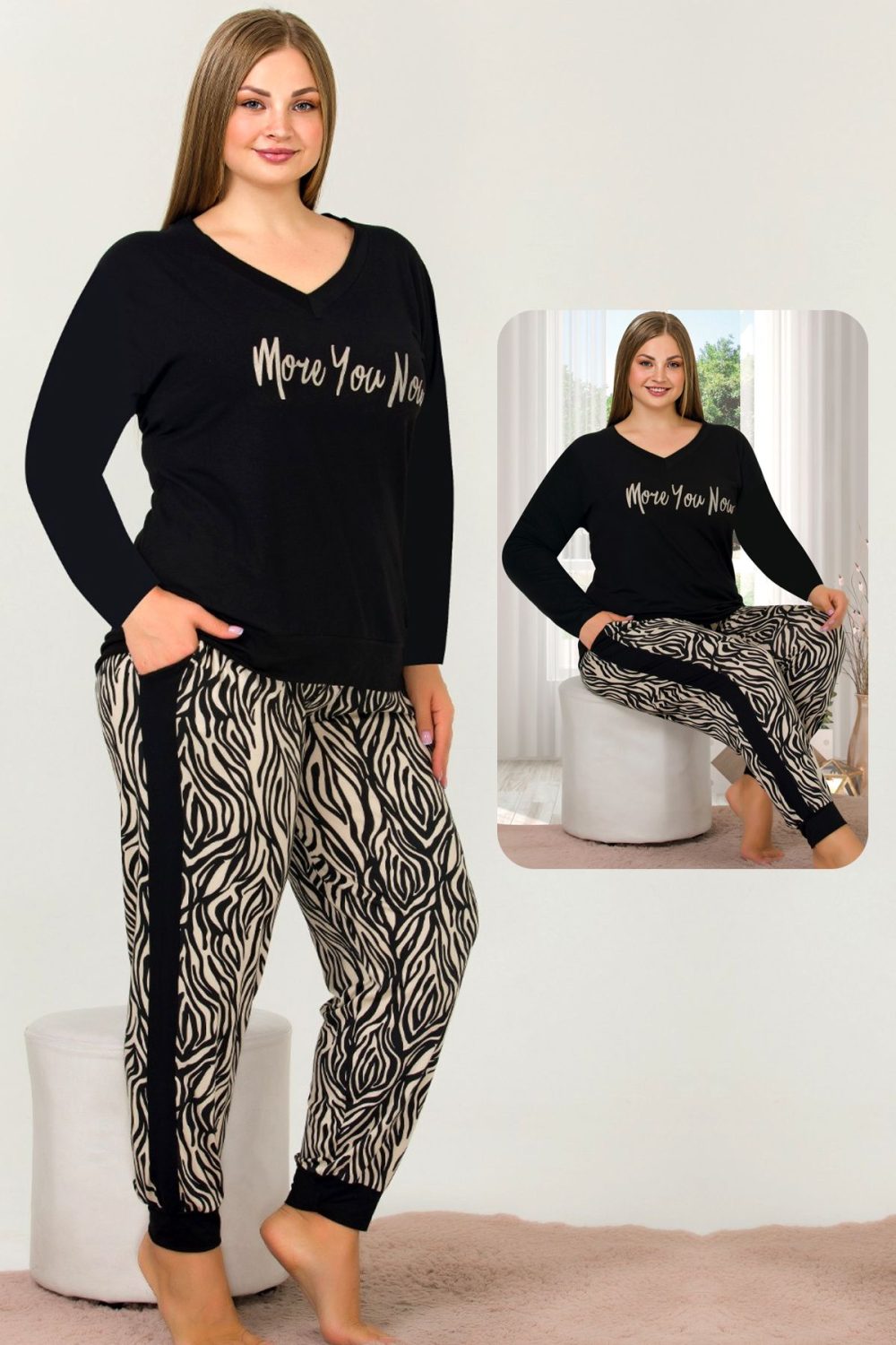 Zebra Desenli Alt Çizgili Yumuşacık Pijama Uzun Kollu V Yakalı Viskon Kumaş Pijama Takımı 11397