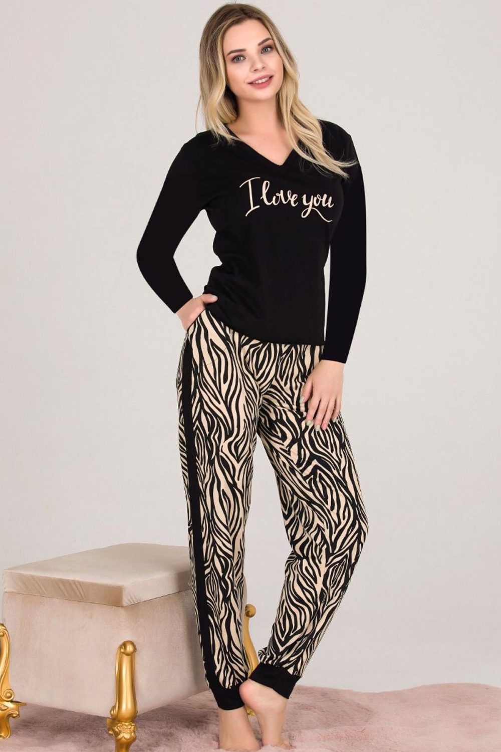 Viskon Kumaş Zebra Motifli Uzun Kollu Lady Pijama Takımı 11660 - Görsel 2