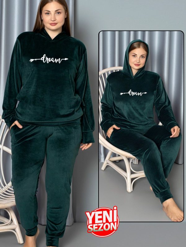 Yumuşak Dokulu Koyu Yeşil Renkli Kapşonlu Fransız Kadife Pijama Takımı - 4XL