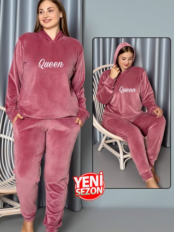 Yumuşak Dokulu Bembe Renkli Kapşonlu Fransız Kadife Pijama Takımı - 4XL