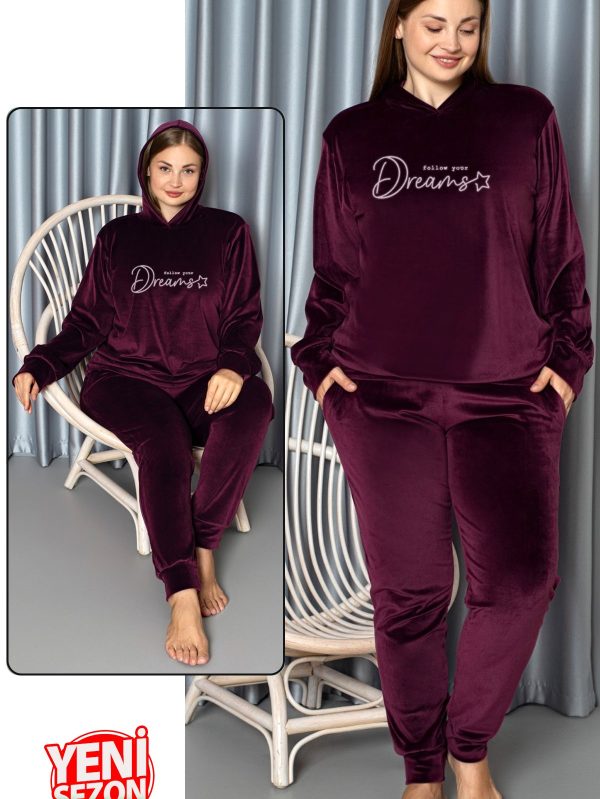 Yumuşak Dokulu Mürdüm Renkli Kapşonlu Fransız Kadife Pijama Takımı - 4XL